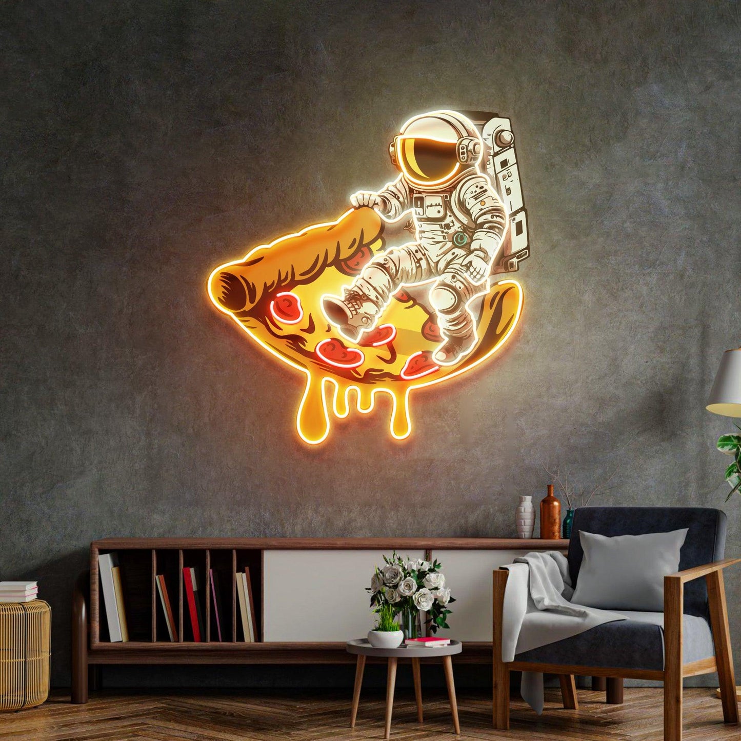 Astronaut on Pizza Mat Led Neon Acrylic Artwork - Neonzastudio