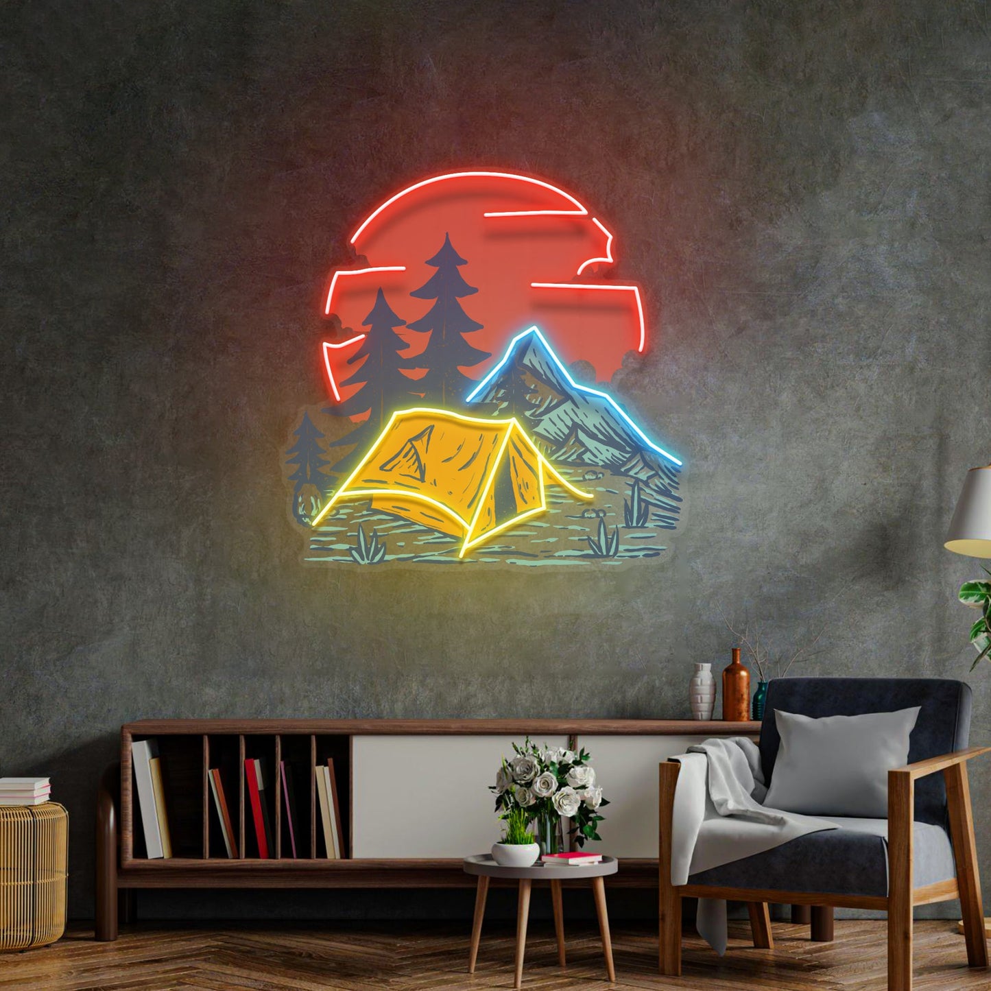 Camping Under Red Moon LED Neon Sign Light Pop Art - Neonzastudio