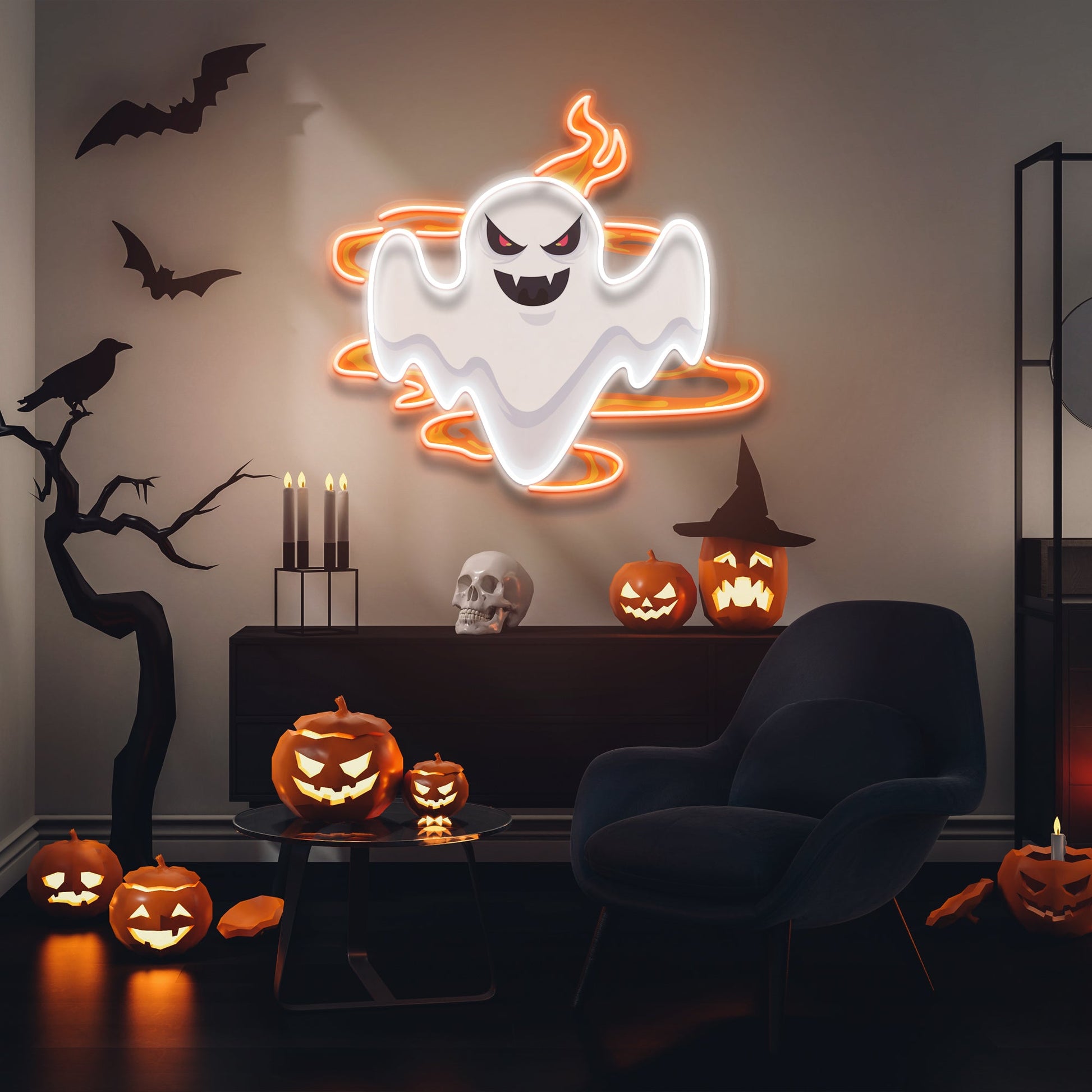 Halloween Day Ghost Fire Artwork Led Neon Sign Light - Neonzastudio