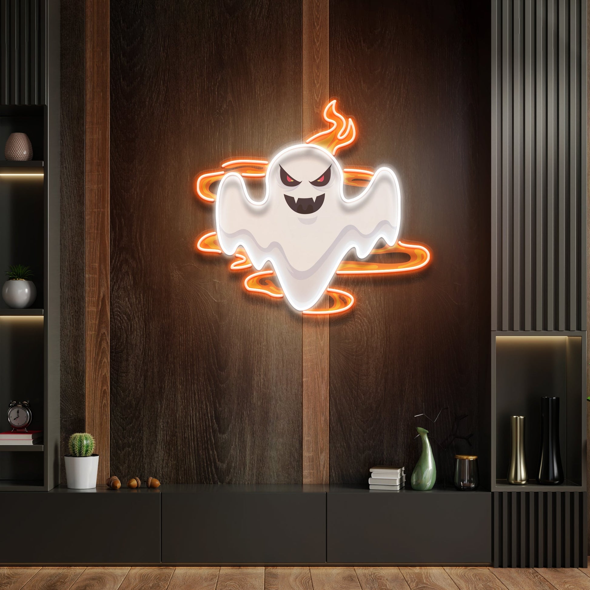 Halloween Day Ghost Fire Artwork Led Neon Sign Light - Neonzastudio