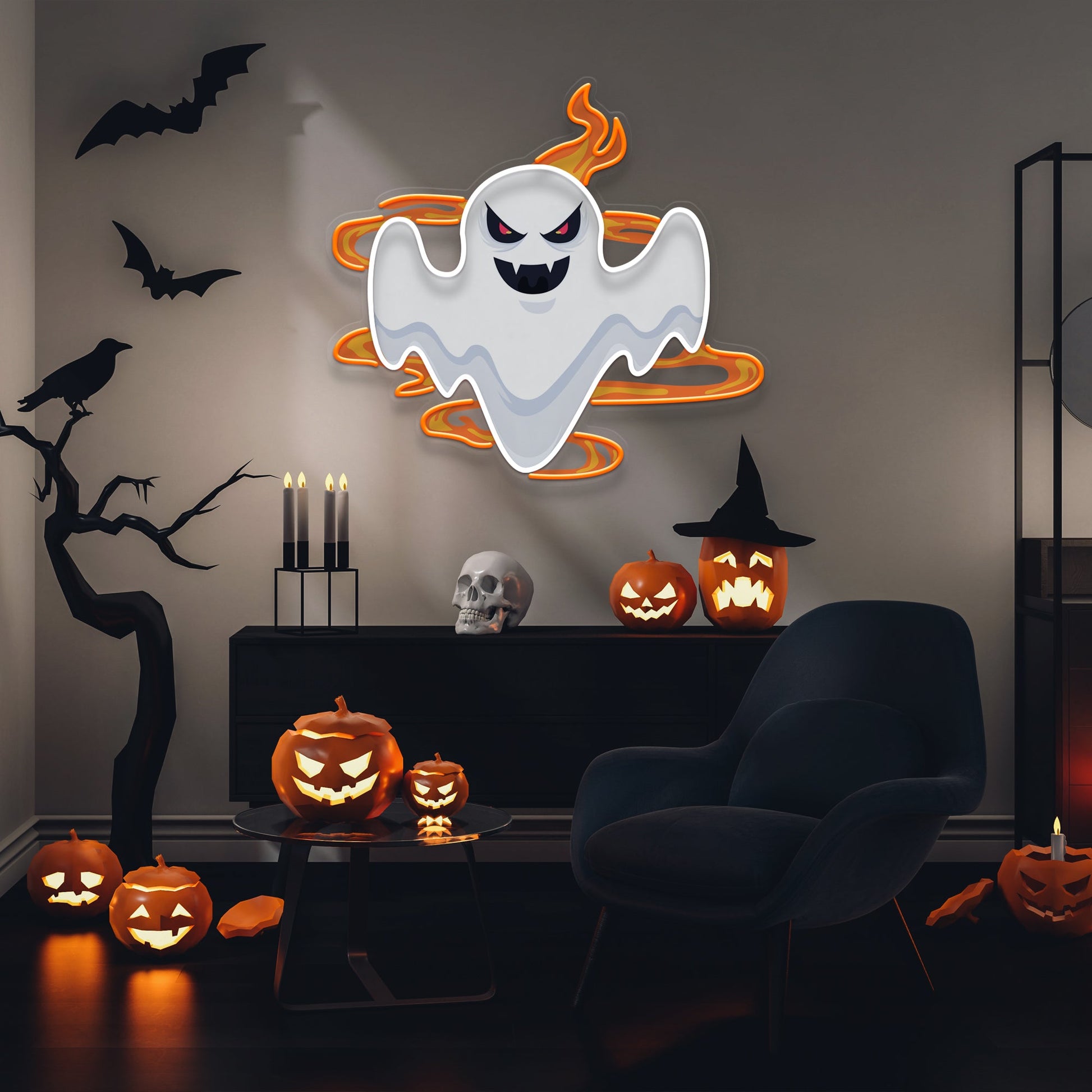 Halloween Day Ghost Fire Artwork Led Neon Sign Light - Neonzastudio