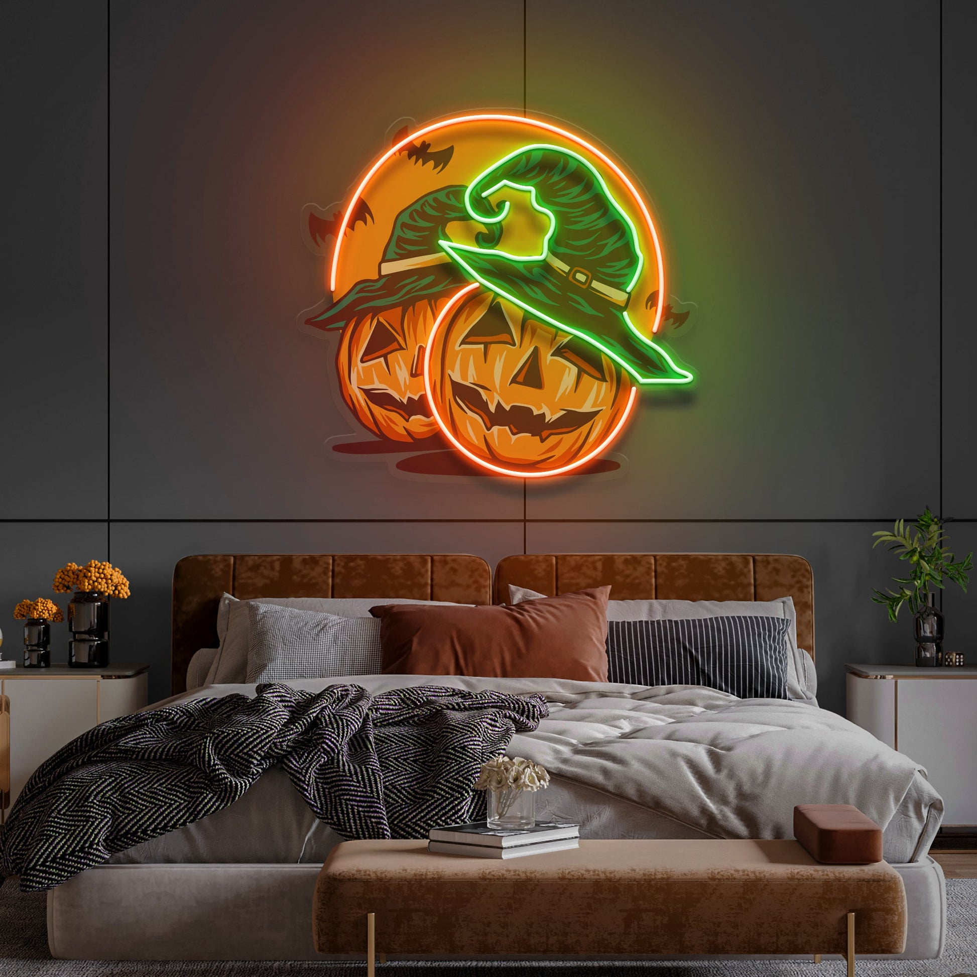 Halloween Pumpkin And Red Moon Artwork Led Neon Sign Light - Neonzastudio