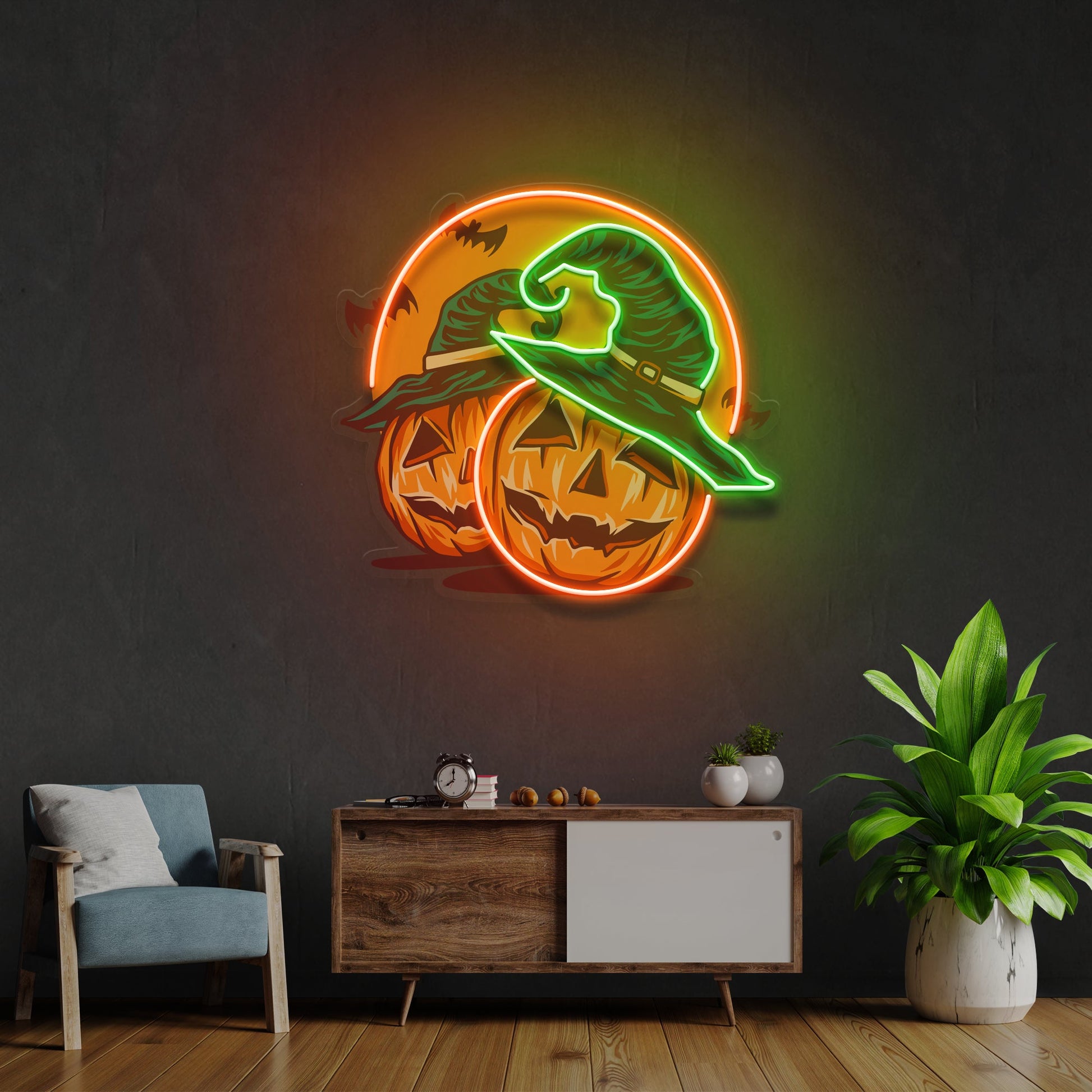 Halloween Pumpkin And Red Moon Artwork Led Neon Sign Light - Neonzastudio