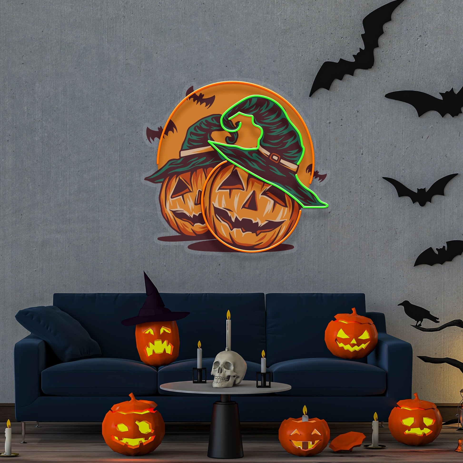 Halloween Pumpkin And Red Moon Artwork Led Neon Sign Light - Neonzastudio