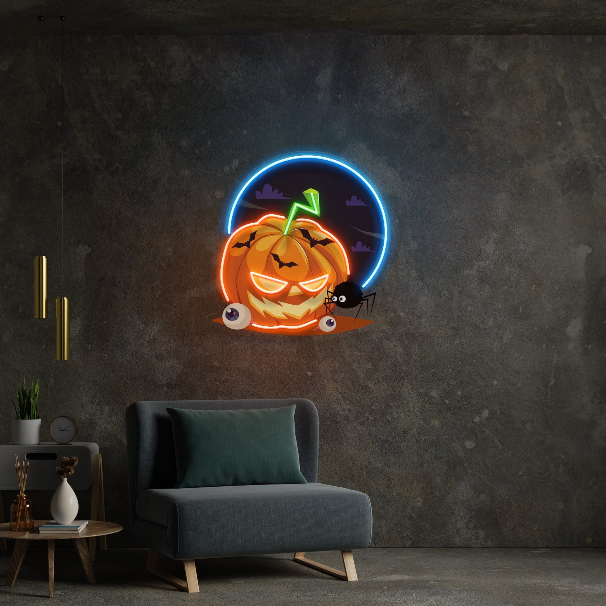 Halloween Pumpkin And Spider With Moon Artwork Led Neon Sign Light - Neonzastudio