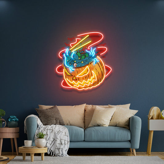 Pumpkin Ramen Monster With Halloween Artwork Led Neon Sign Light - Neonzastudio