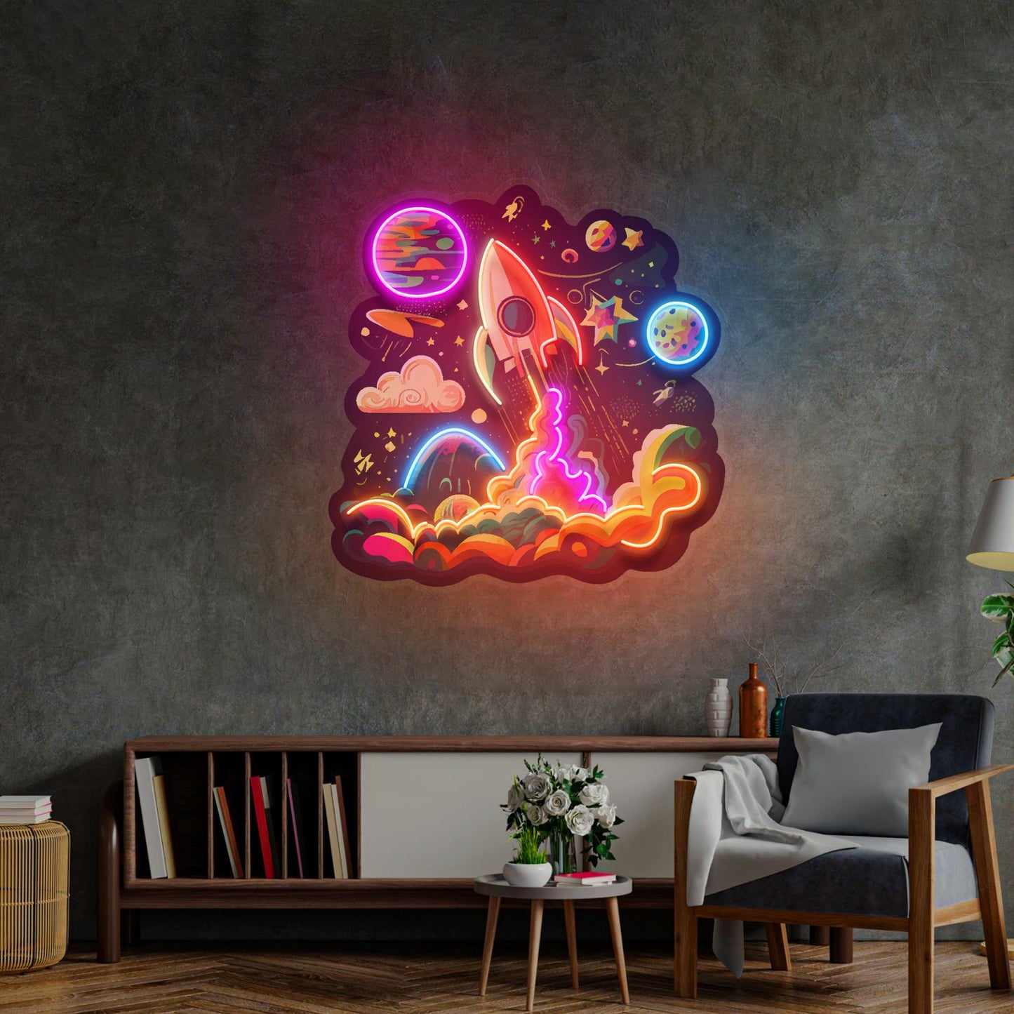 Rocket Launching Into Galaxy LED Neon Sign Light Pop Art - Neonzastudio