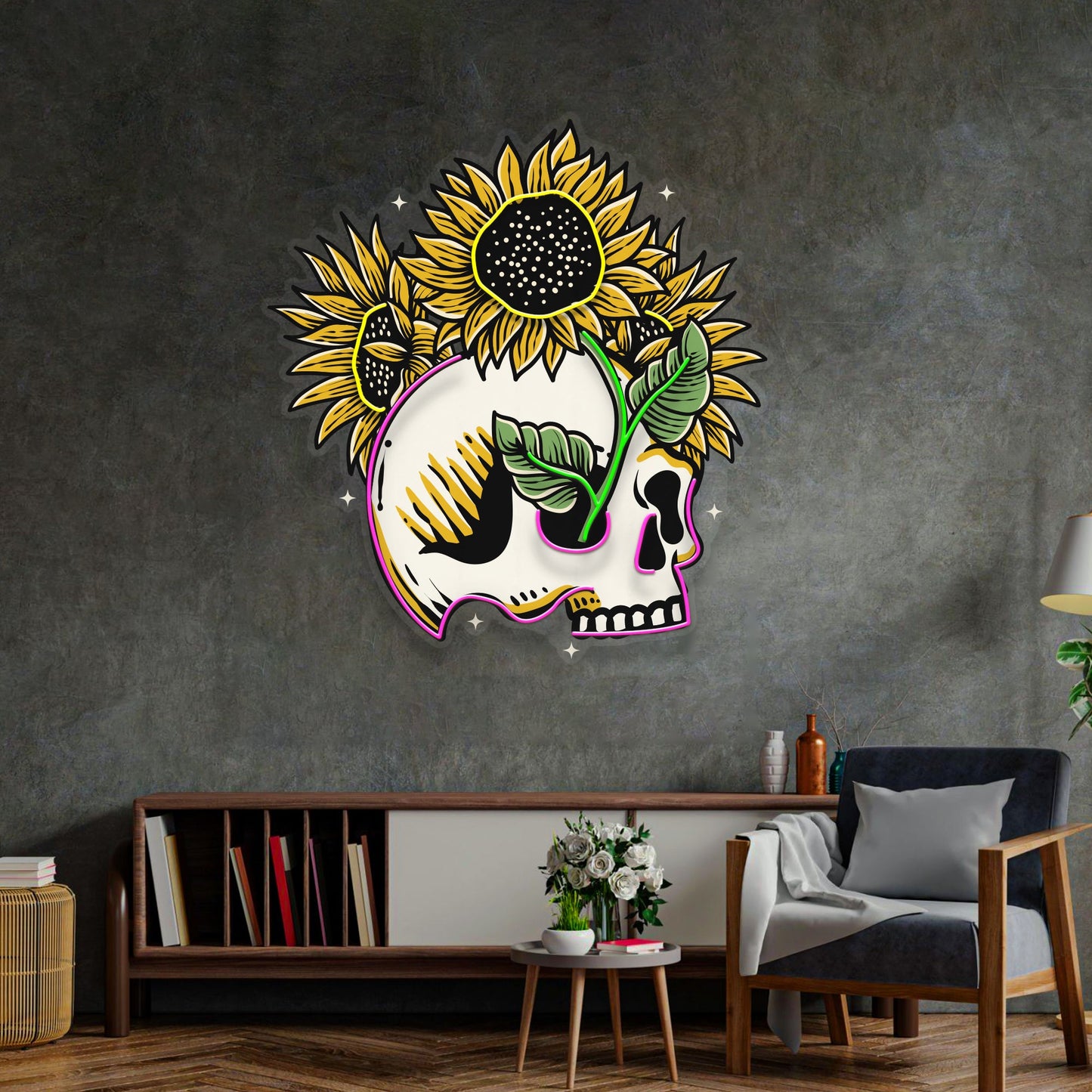 Skull Sun Flowers LED Neon Sign Light Pop Art - Neonzastudio