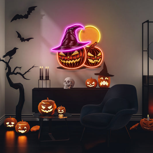 Witch And Moon Pumpkin Artwork Led Neon Sign Light - Neonzastudio