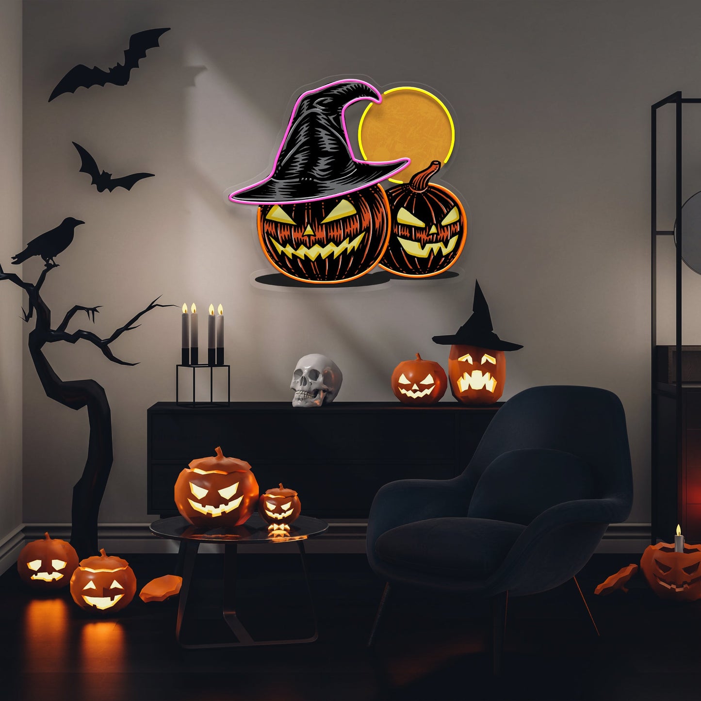 Witch And Moon Pumpkin Artwork Led Neon Sign Light - Neonzastudio