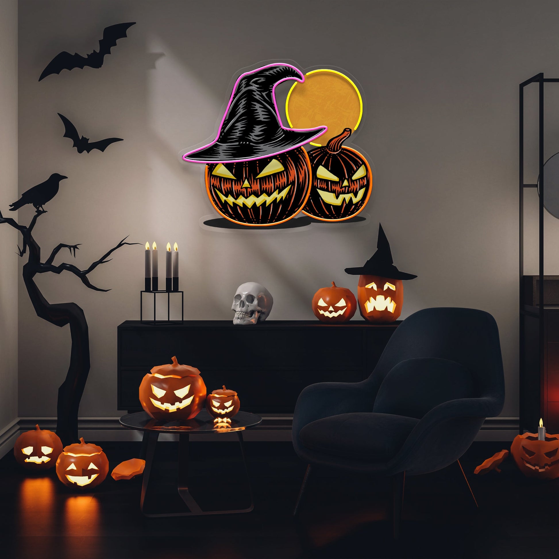 Witch And Moon Pumpkin Artwork Led Neon Sign Light - Neonzastudio