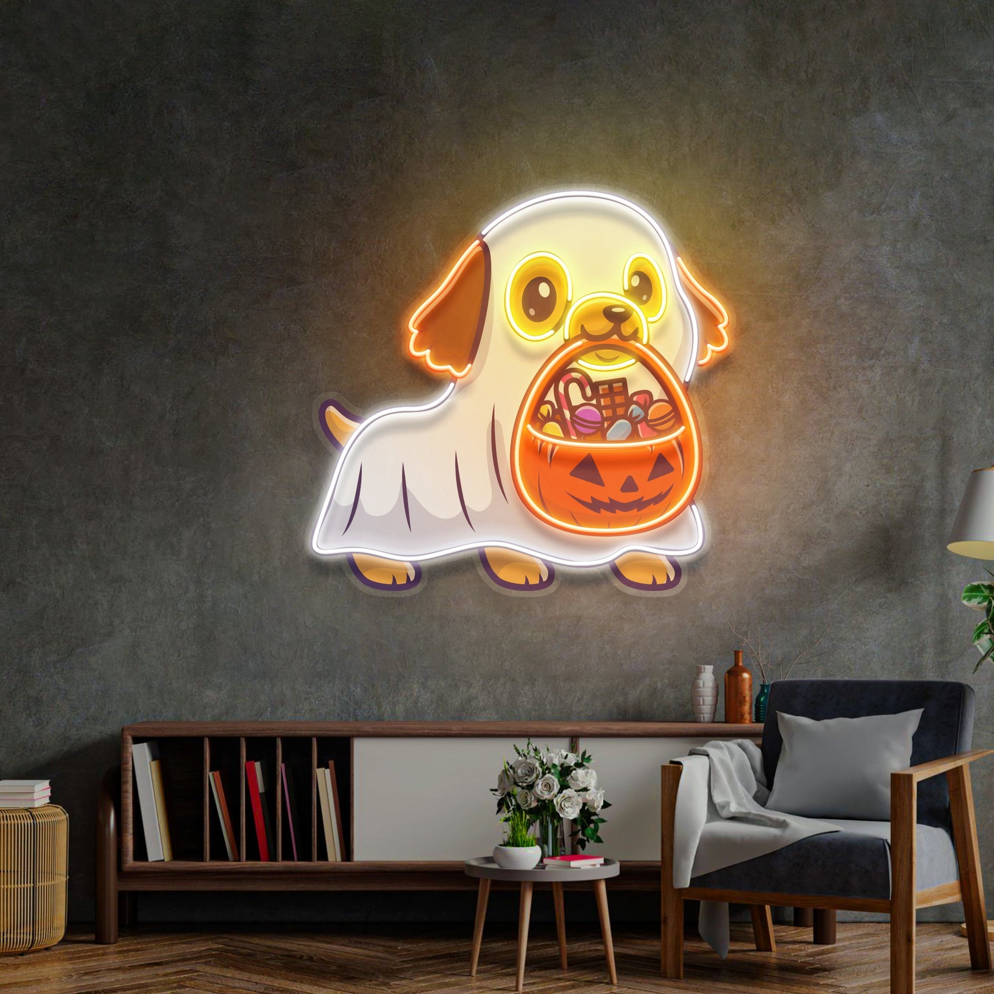 Ghost Dog With Pumpkin LED Neon Sign Light Pop Art - Neonzastudio
