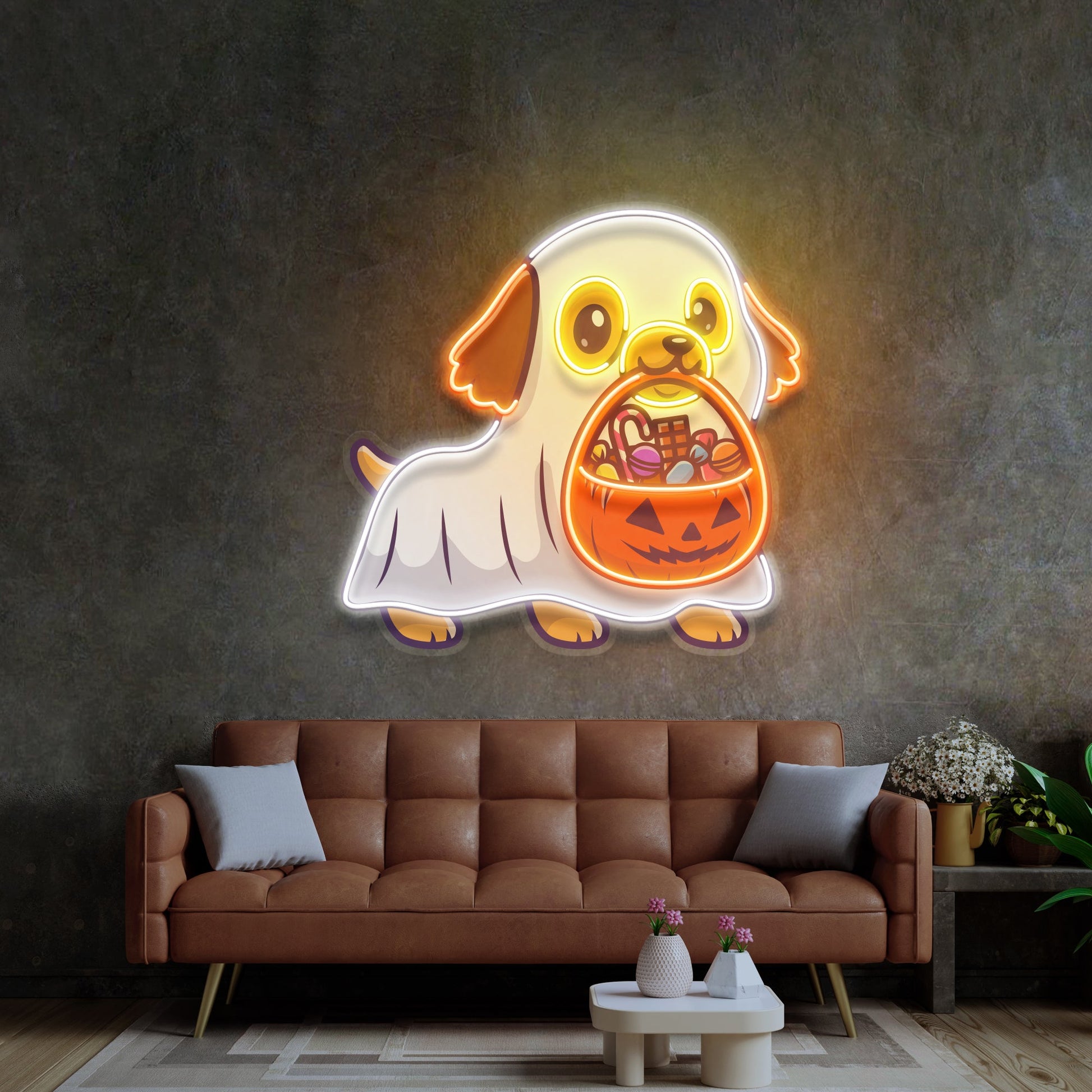 Ghost Dog With Pumpkin LED Neon Sign Light Pop Art - Neonzastudio