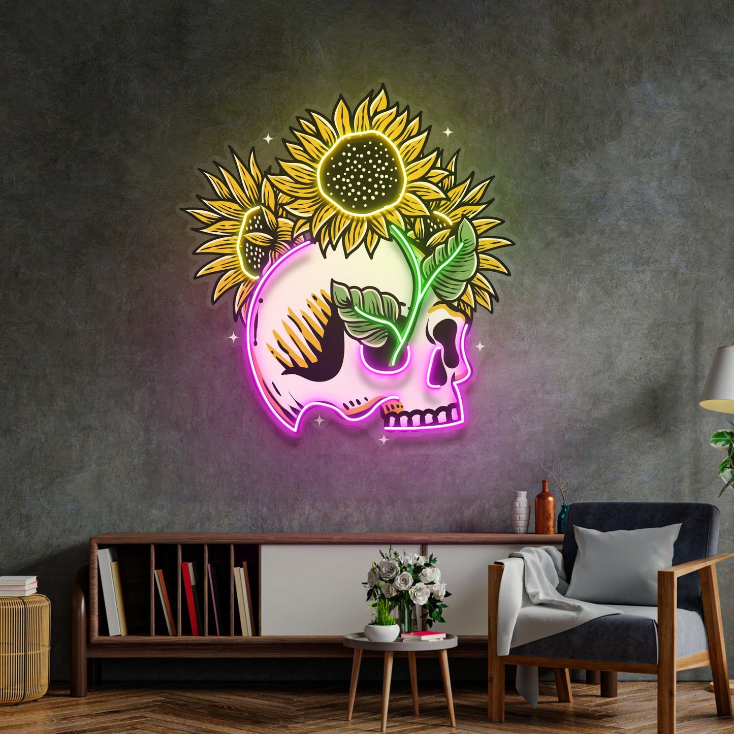 Skull Sun Flowers LED Neon Sign Light Pop Art - Neonzastudio