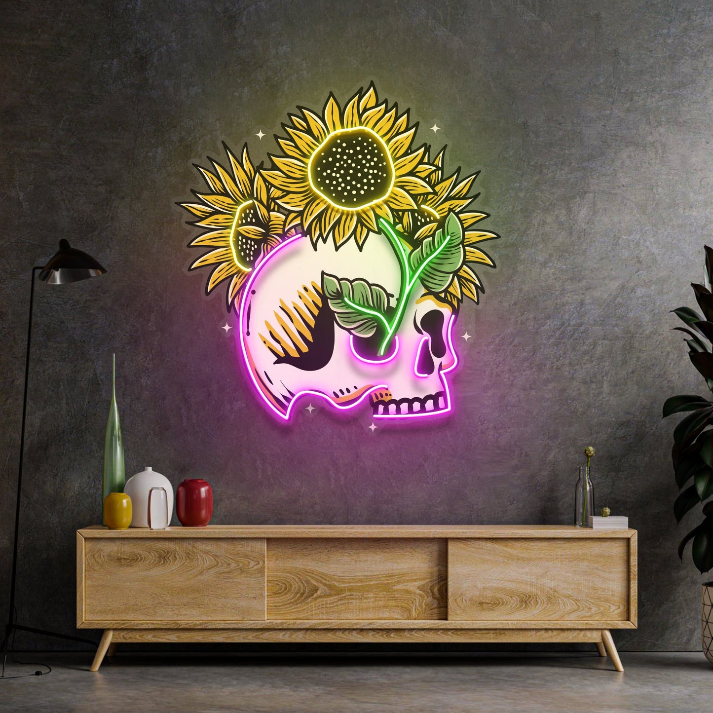 Skull Sun Flowers LED Neon Sign Light Pop Art - Neonzastudio
