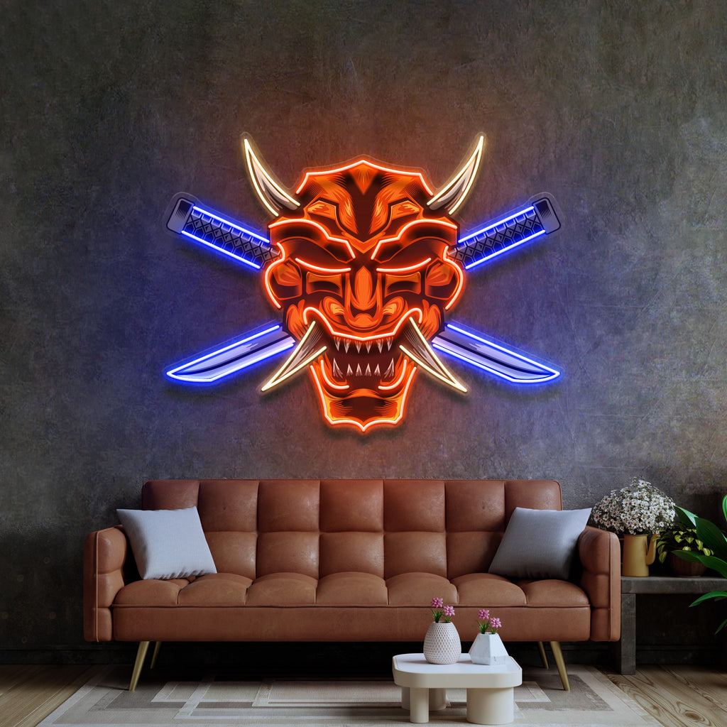 Crossed Knife Samurai Mask LED Neon Sign Light Pop Art