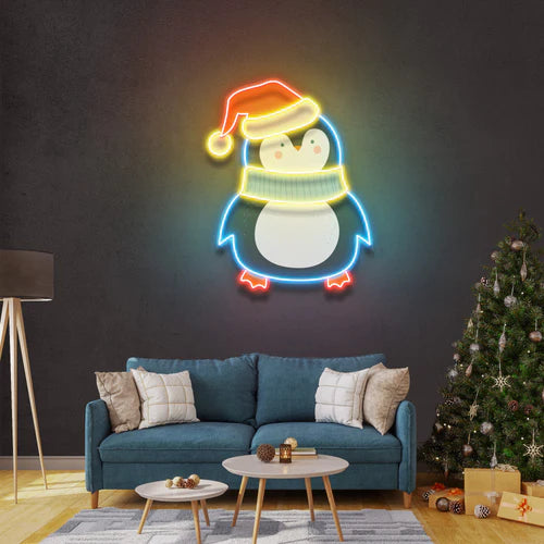 Penguin with Xmas hat Art Work Led Neon Sign Light