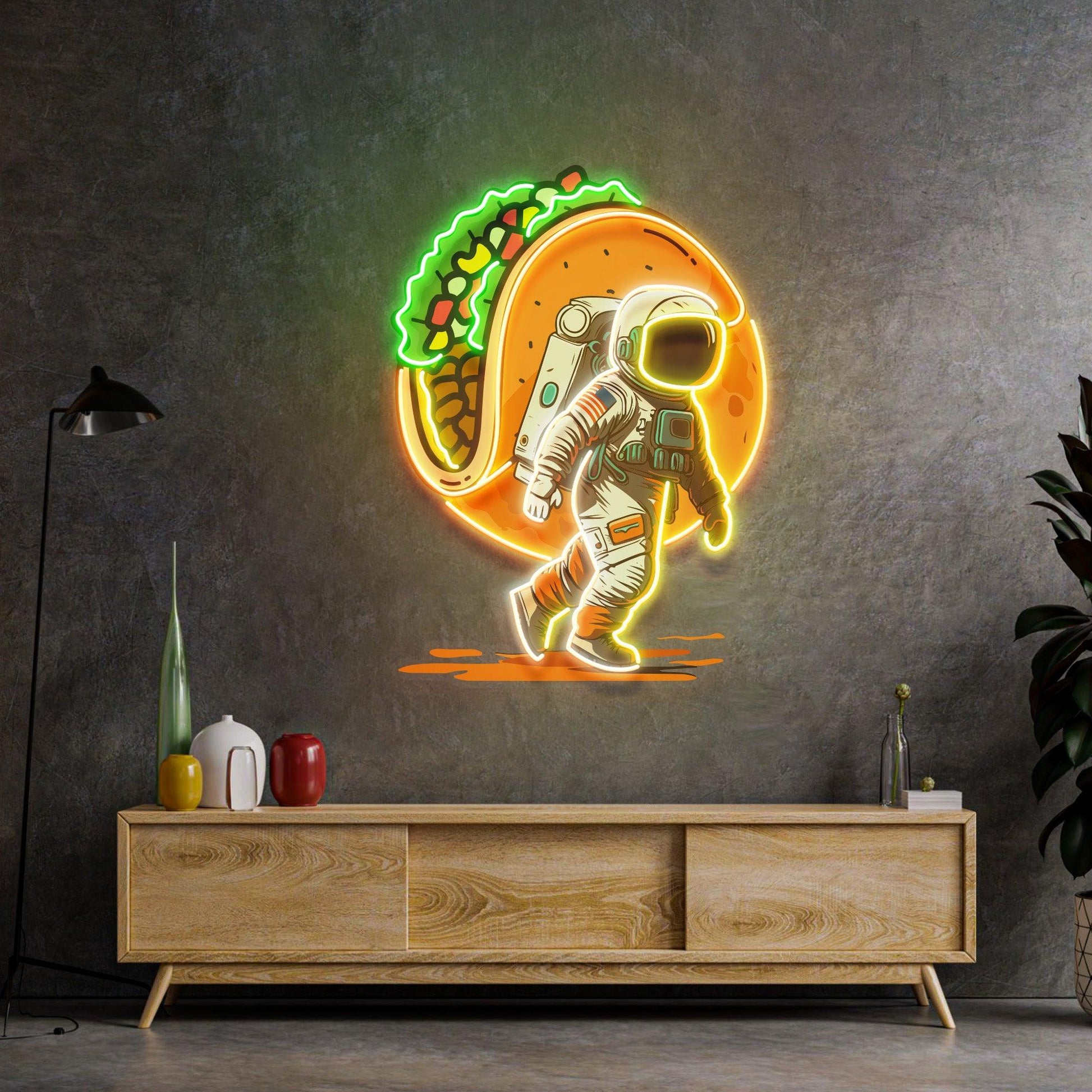 Astronaut Carrying Tacos Led Neon Acrylic Artwork - Neonzastudio