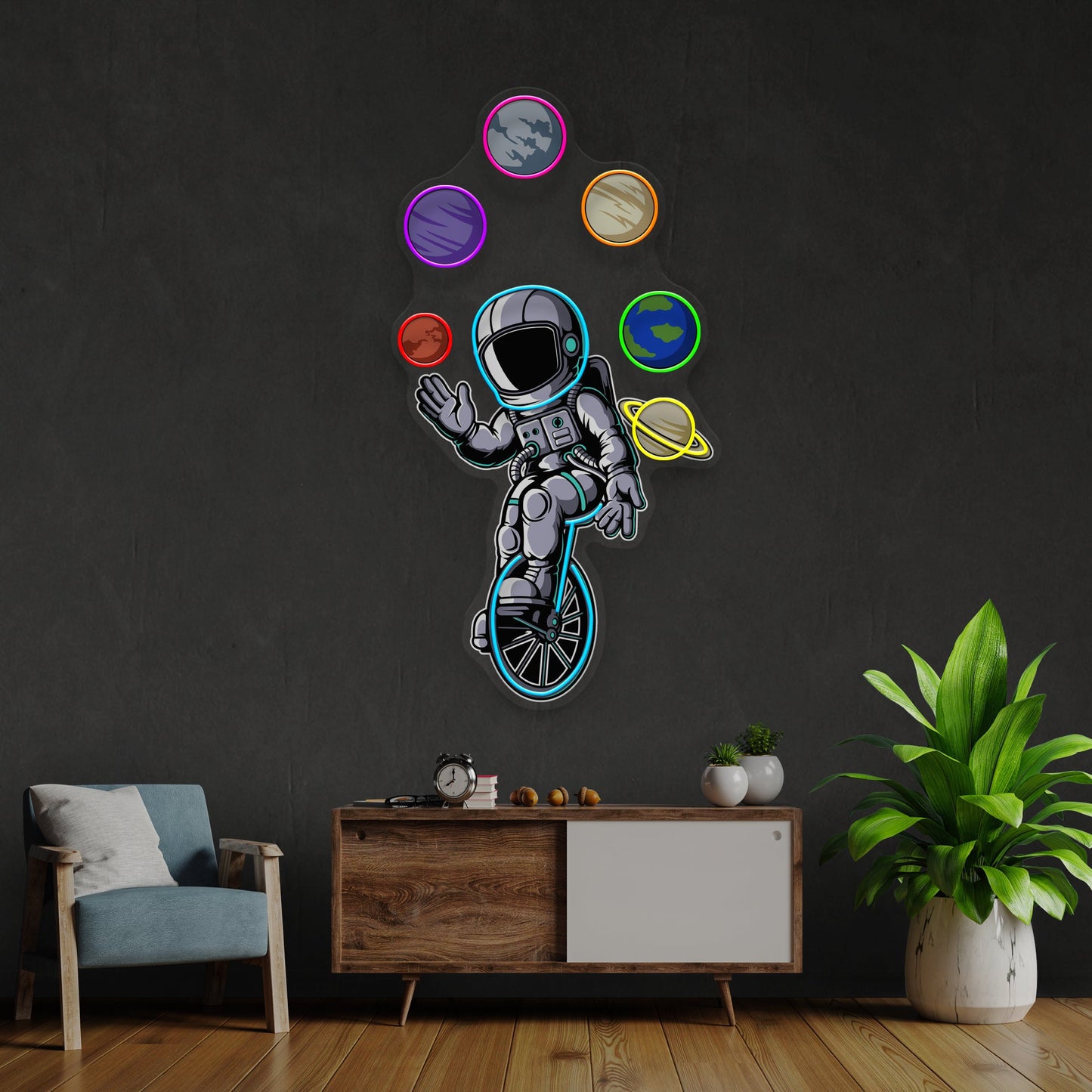 Astronaut Juggling Circus Galaxy Planets Artwork Led Neon Sign Light