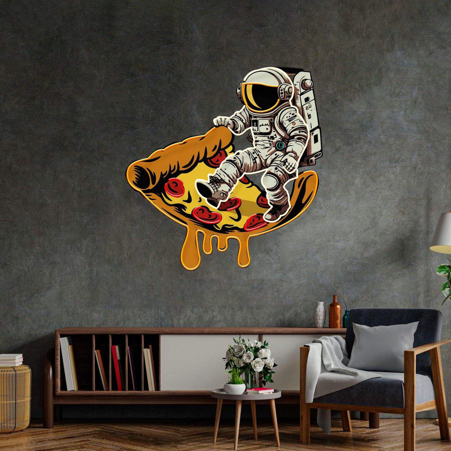 Astronaut on Pizza Mat Led Neon Acrylic Artwork - Neonzastudio
