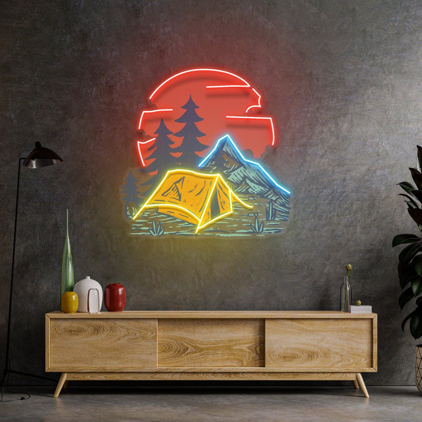 Camping Under Red Moon LED Neon Sign Light Pop Art - Neonzastudio