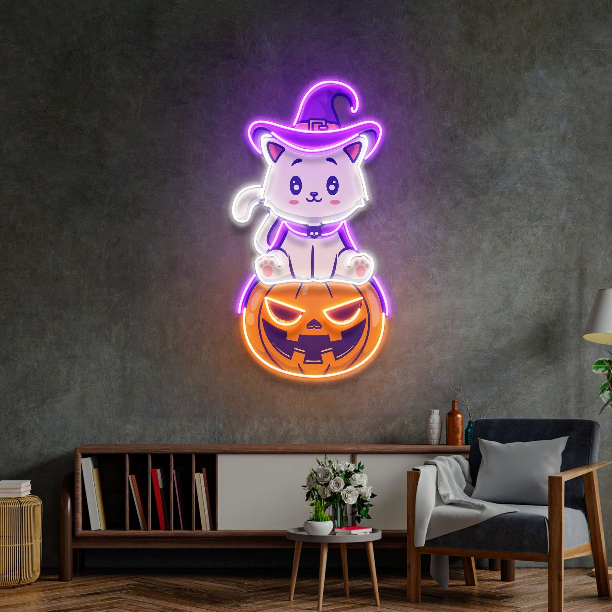 Cat on Pumpkin LED Neon Sign Light Pop Art - Neonzastudio