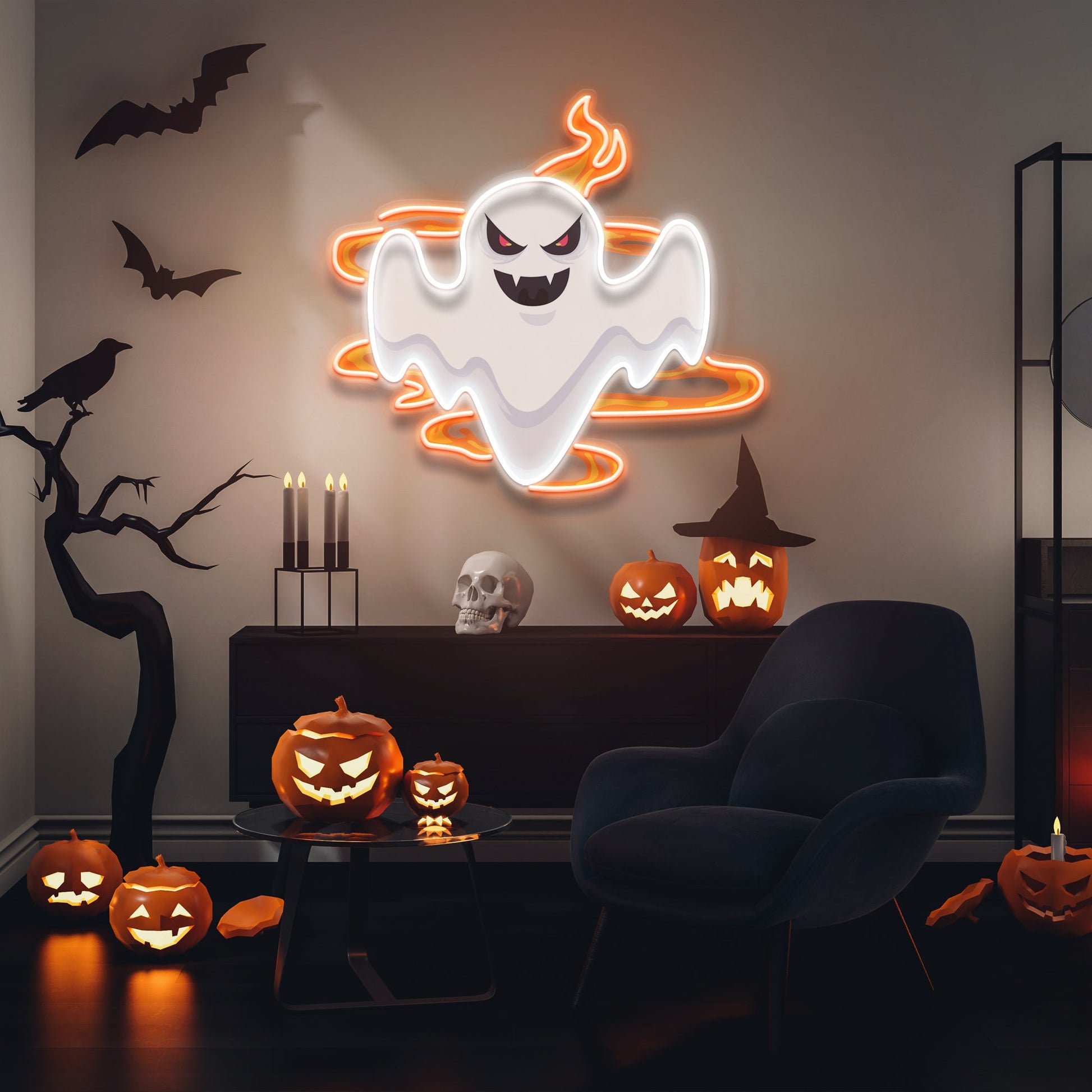 Halloween Day Ghost Fire Artwork Led Neon Sign Light - Neonzastudio