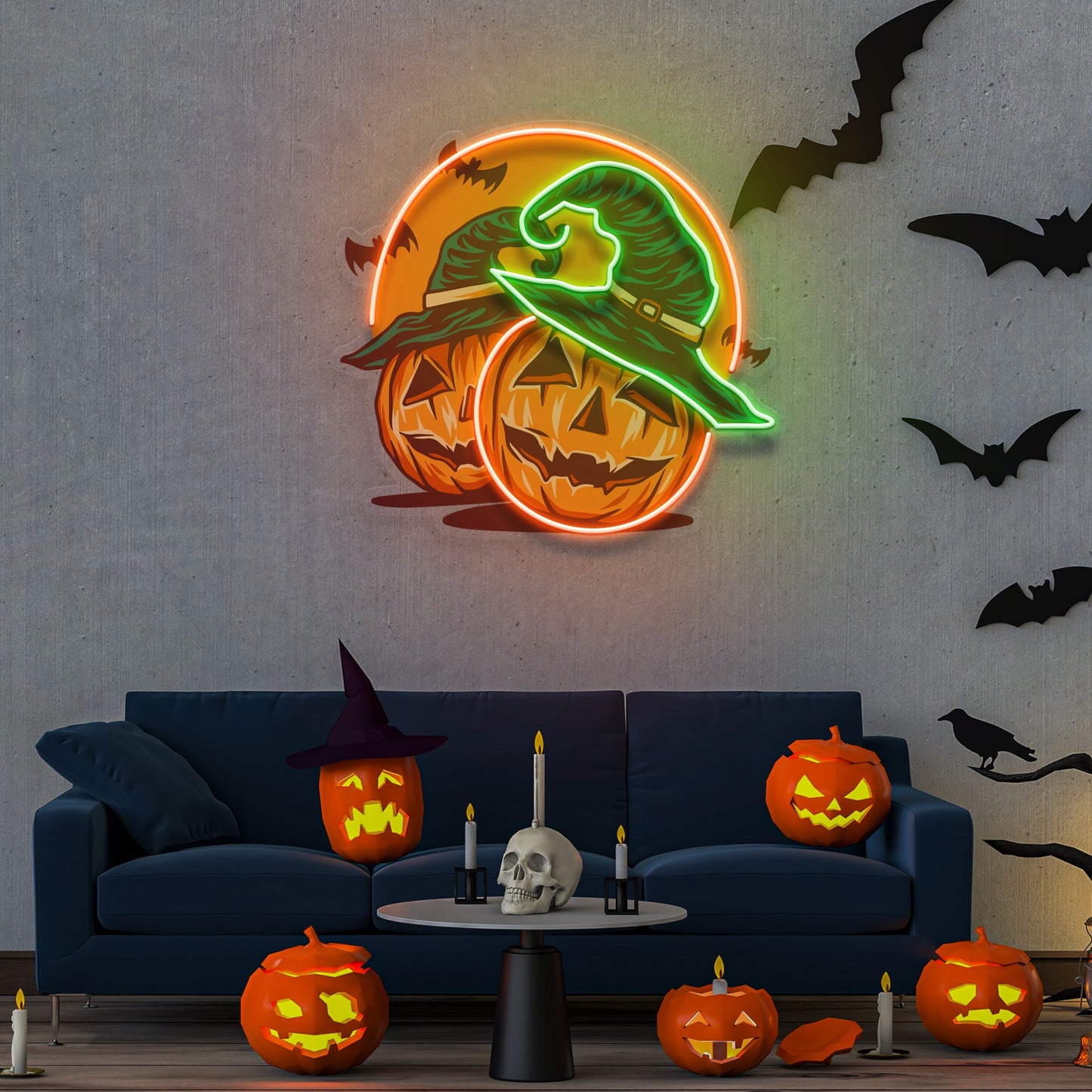Halloween Pumpkin And Red Moon Artwork Led Neon Sign Light - Neonzastudio