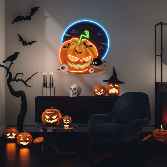 Halloween Pumpkin And Spider With Moon Artwork Led Neon Sign Light - Neonzastudio