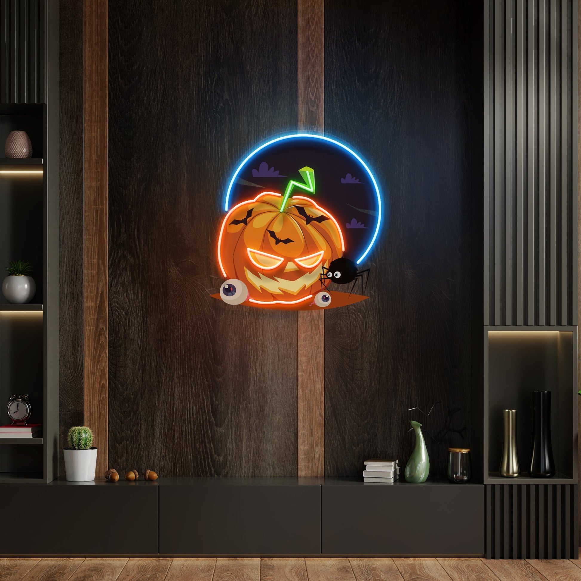 Halloween Pumpkin And Spider With Moon Artwork Led Neon Sign Light - Neonzastudio