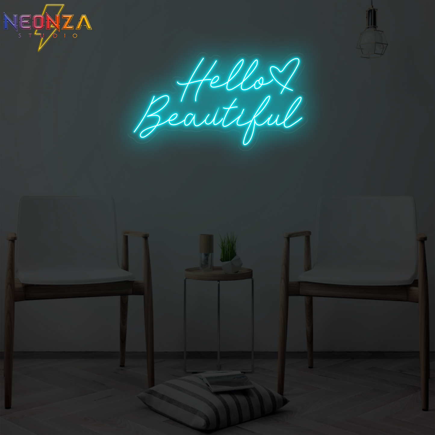 Hello Beautiful neon quote sign online ice blue