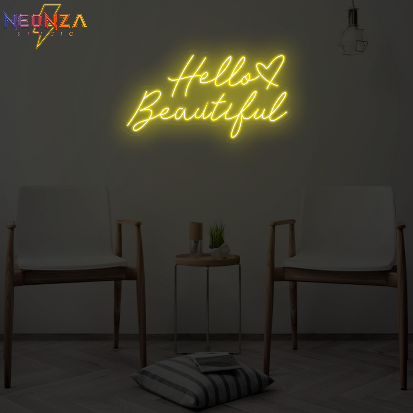 Hello Beautiful neon quote sign online yellow