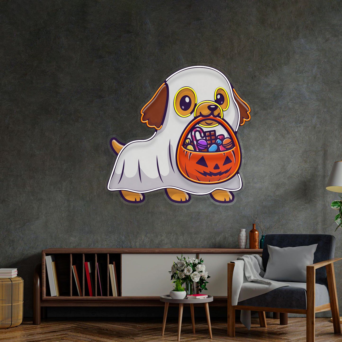 Ghost Dog With Pumpkin LED Neon Sign Light Pop Art - Neonzastudio